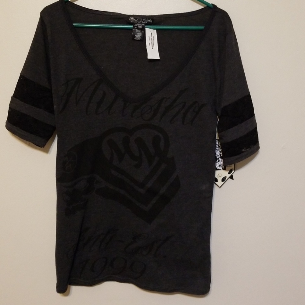 Gray Lace Sleeved V Neck Graphic Music Mulisha Tee